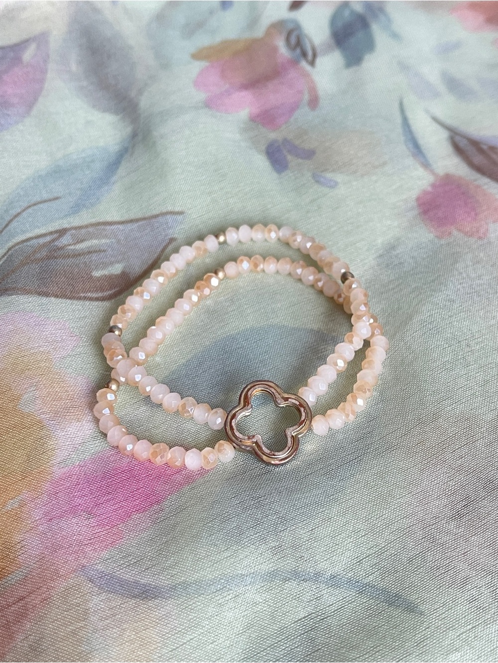 Sparkly Cream + Bronze Faceted Beaded Double-Strand Bracelet with Clover Charm